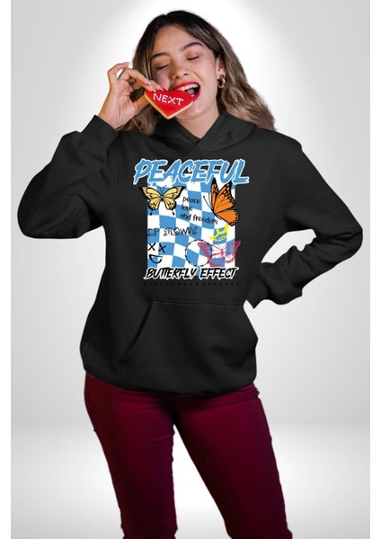 Barışçıl Kelebekler Sokak Tarzı Kadın Erkek Baskılı Üç Iplik Siyah Kapüşonlu Hodie Sweatshirt fırsatları
