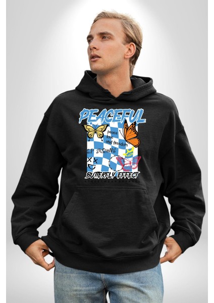 Barışçıl Kelebekler Sokak Tarzı Kadın Erkek Baskılı Üç Iplik Siyah Kapüşonlu Hodie Sweatshirt indirimleri