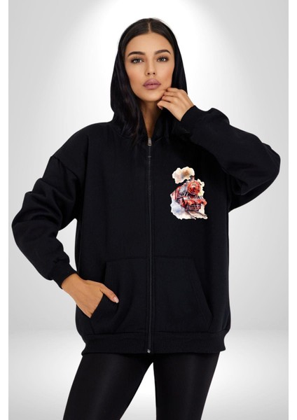Kırmızı Tren Üç Çeyrek Kadın Erkek Baskılı Fermuarlı Kapüşonlu Hırka Sweatshirt