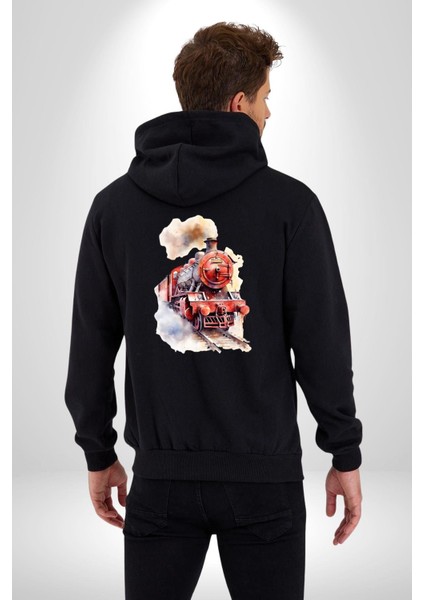 Kırmızı Tren Üç Çeyrek Kadın Erkek Baskılı Fermuarlı Kapüşonlu Hırka Sweatshirt