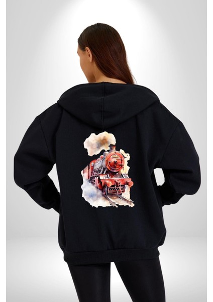 Kırmızı Tren Üç Çeyrek Kadın Erkek Baskılı Fermuarlı Kapüşonlu Hırka Sweatshirt