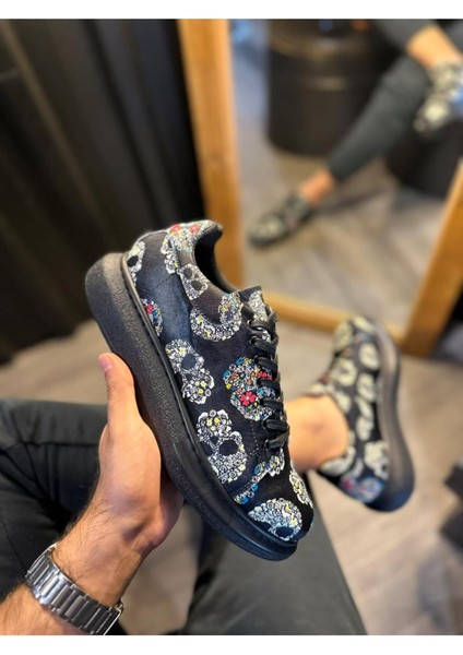 Yüksek Taban Renkli Baskılı Günlük Ayakkabı Siyah Kurukafa modelleri