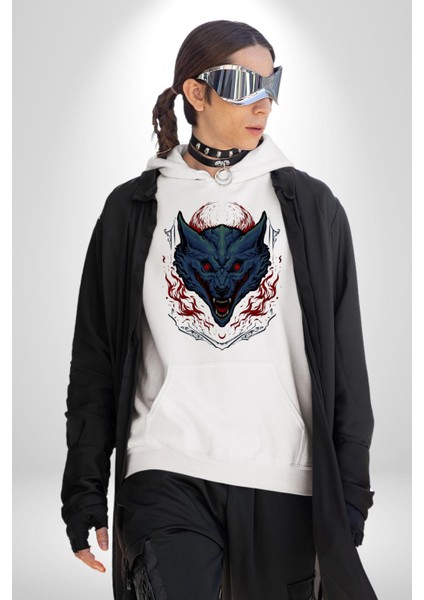 Şeytan Ejderhası Kırmızı Tonlu Havalı Kadın Erkek Baskılı Üç Iplik Beyaz Kapüşonlu Hodie Sweatshirt