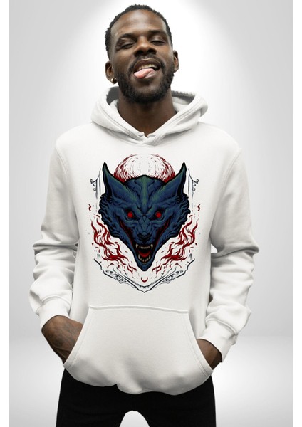 Şeytan Ejderhası Kırmızı Tonlu Havalı Kadın Erkek Baskılı Üç Iplik Beyaz Kapüşonlu Hodie Sweatshirt modelleri