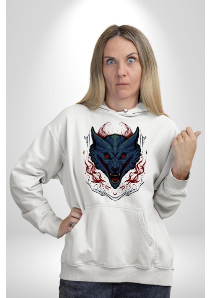 Şeytan Ejderhası Kırmızı Tonlu Havalı Kadın Erkek Baskılı Üç Iplik Beyaz Kapüşonlu Hodie Sweatshirt fırsatları