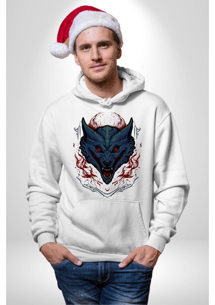 Şeytan Ejderhası Kırmızı Tonlu Havalı Kadın Erkek Baskılı Üç Iplik Beyaz Kapüşonlu Hodie Sweatshirt indirimleri