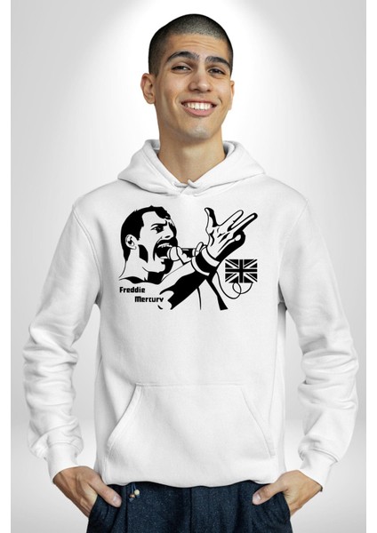 Freddie Mercury Ingiliz Queen Kadın Erkek Baskılı Üç Iplik Beyaz Kapüşonlu Hodie Sweatshirt