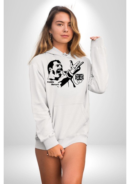 Freddie Mercury Ingiliz Queen Kadın Erkek Baskılı Üç Iplik Beyaz Kapüşonlu Hodie Sweatshirt fiyatları