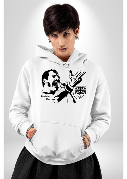 Freddie Mercury Ingiliz Queen Kadın Erkek Baskılı Üç Iplik Beyaz Kapüşonlu Hodie Sweatshirt fırsatları