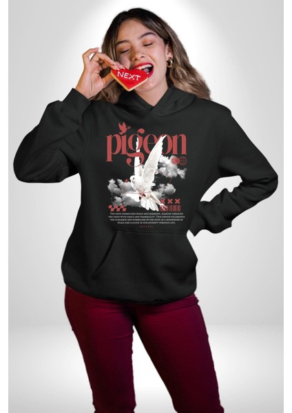 Barış Güvercini Old School Kadın Erkek Baskılı Üç Iplik Siyah Kapüşonlu Hodie Sweatshirt