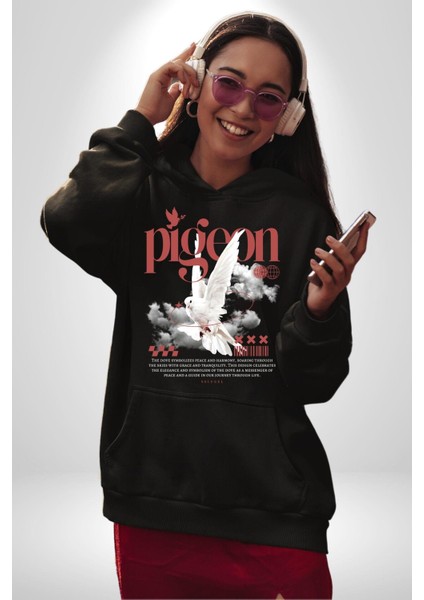 Barış Güvercini Old School Kadın Erkek Baskılı Üç Iplik Siyah Kapüşonlu Hodie Sweatshirt indirimleri