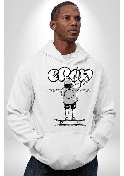 Sokak Yaşamı Kaykaylı Çocuk Grafiti Kadın Erkek Baskılı Üç Iplik Beyaz Kapüşonlu Hodie Sweatshirt fırsatları