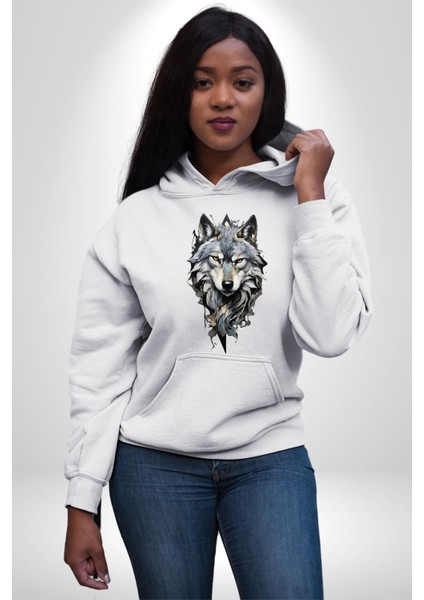 Havalı Kurt Özel Harekat Kadın Erkek Baskılı Üç Iplik Beyaz Kapüşonlu Hodie Sweatshirt