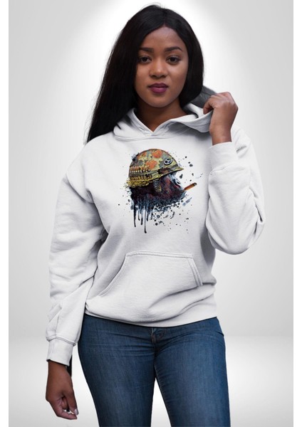 Barış Savaşçısı Goril Kadın Erkek Baskılı Üç Iplik Beyaz Kapüşonlu Hodie Sweatshirt