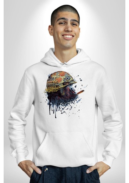 Barış Savaşçısı Goril Kadın Erkek Baskılı Üç Iplik Beyaz Kapüşonlu Hodie Sweatshirt fiyatları