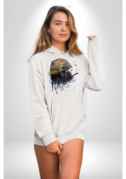 Barış Savaşçısı Goril Kadın Erkek Baskılı Üç Iplik Beyaz Kapüşonlu Hodie Sweatshirt modelleri