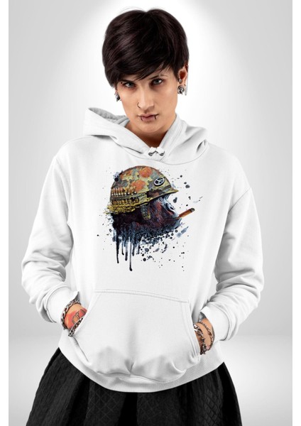 Barış Savaşçısı Goril Kadın Erkek Baskılı Üç Iplik Beyaz Kapüşonlu Hodie Sweatshirt indirimleri