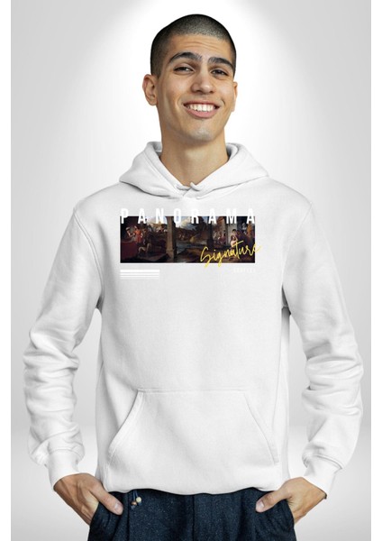 Panorama Imzası Orta Çağ Kadın Erkek Baskılı Üç Iplik Beyaz Kapüşonlu Hodie Sweatshirt