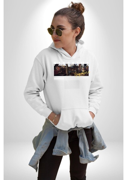 Panorama Imzası Orta Çağ Kadın Erkek Baskılı Üç Iplik Beyaz Kapüşonlu Hodie Sweatshirt fiyatları
