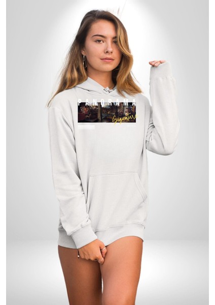Panorama Imzası Orta Çağ Kadın Erkek Baskılı Üç Iplik Beyaz Kapüşonlu Hodie Sweatshirt fırsatları