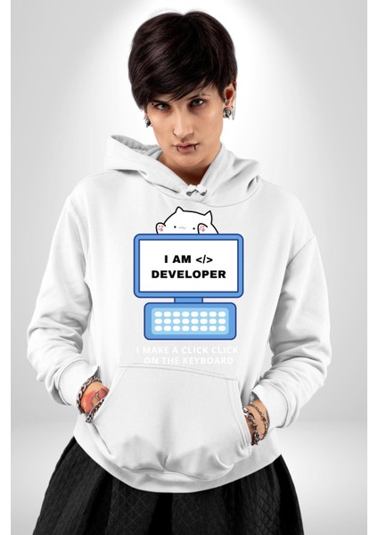 Ben Yazılımcıyım Kedi Tatlı Tasarım Kadın Erkek Baskılı Üç Iplik Beyaz Kapüşonlu Hodie Sweatshirt