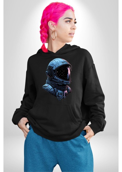 Astronot Uzay Space x Kadın Erkek Baskılı Üç Iplik Siyah Kapüşonlu Hodie Sweatshirt fiyatları