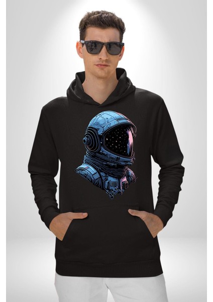 Astronot Uzay Space x Kadın Erkek Baskılı Üç Iplik Siyah Kapüşonlu Hodie Sweatshirt modelleri