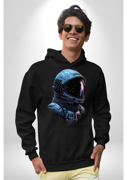 Astronot Uzay Space x Kadın Erkek Baskılı Üç Iplik Siyah Kapüşonlu Hodie Sweatshirt fırsatları