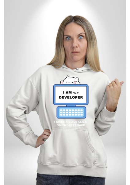 Ben Yazılımcıyım Kedi Tatlı Tasarım Kadın Erkek Baskılı Üç Iplik Beyaz Kapüşonlu Hodie Sweatshirt modelleri