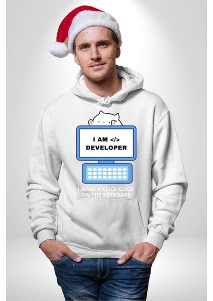 Ben Yazılımcıyım Kedi Tatlı Tasarım Kadın Erkek Baskılı Üç Iplik Beyaz Kapüşonlu Hodie Sweatshirt fırsatları