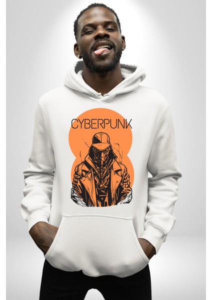 Cyberpunk Savaşçı Chyper Kadın Erkek Baskılı Üç Iplik Beyaz Kapüşonlu Hodie Sweatshirt