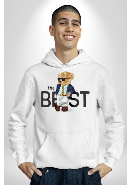 Havalı Iş Adamı Oyuncak Ayı Kadın Erkek Baskılı Üç Iplik Beyaz Kapüşonlu Hodie Sweatshirt