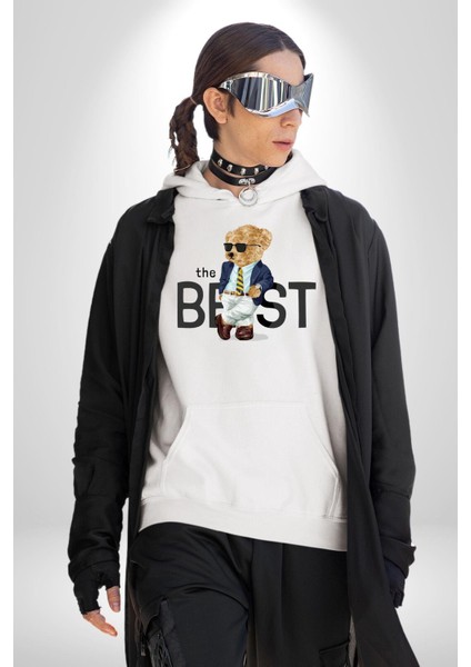 Havalı Iş Adamı Oyuncak Ayı Kadın Erkek Baskılı Üç Iplik Beyaz Kapüşonlu Hodie Sweatshirt modelleri