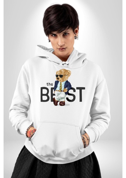 Havalı Iş Adamı Oyuncak Ayı Kadın Erkek Baskılı Üç Iplik Beyaz Kapüşonlu Hodie Sweatshirt fırsatları