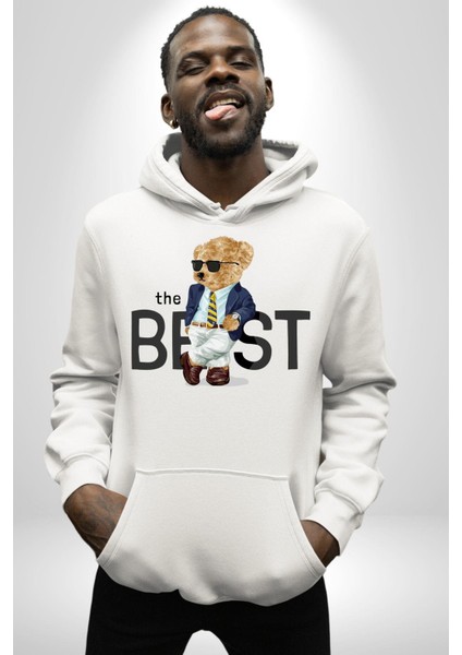 Havalı Iş Adamı Oyuncak Ayı Kadın Erkek Baskılı Üç Iplik Beyaz Kapüşonlu Hodie Sweatshirt indirimleri