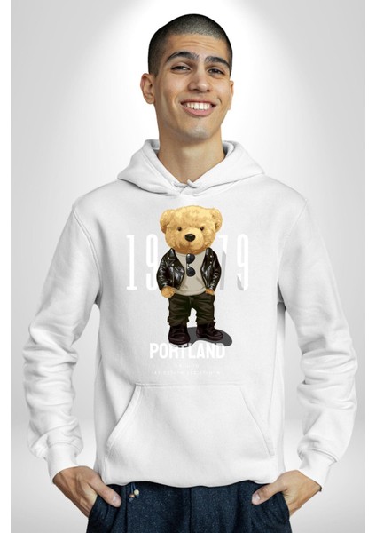 Oregon Portland Oyuncak Ayı Kadın Erkek Baskılı Üç Iplik Beyaz Kapüşonlu Hodie Sweatshirt