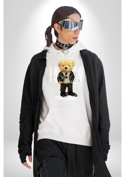 Oregon Portland Oyuncak Ayı Kadın Erkek Baskılı Üç Iplik Beyaz Kapüşonlu Hodie Sweatshirt modelleri
