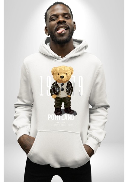 Oregon Portland Oyuncak Ayı Kadın Erkek Baskılı Üç Iplik Beyaz Kapüşonlu Hodie Sweatshirt indirimleri
