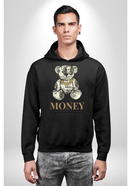 Dolar Ayı Havalı Tasarım Kadın Erkek Baskılı Üç Iplik Siyah Kapüşonlu Hodie Sweatshirt