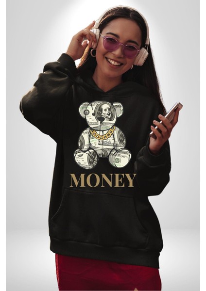 Dolar Ayı Havalı Tasarım Kadın Erkek Baskılı Üç Iplik Siyah Kapüşonlu Hodie Sweatshirt modelleri