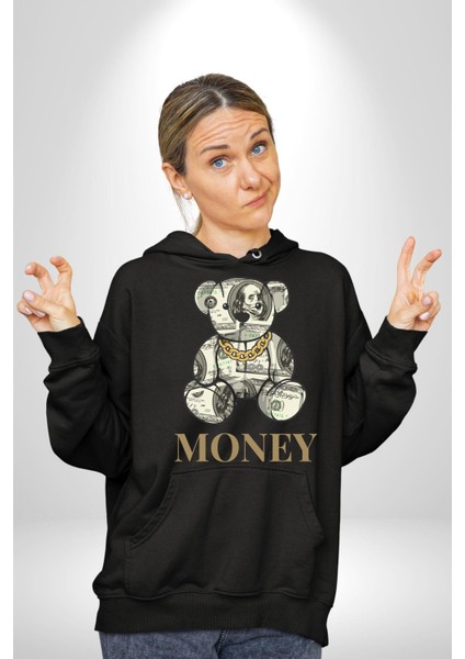 Dolar Ayı Havalı Tasarım Kadın Erkek Baskılı Üç Iplik Siyah Kapüşonlu Hodie Sweatshirt fırsatları