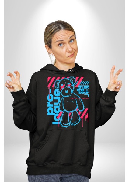 Ayıya Güven Havalı Oyuncak Ayı Kadın Erkek Baskılı Üç Iplik Siyah Kapüşonlu Hodie Sweatshirt