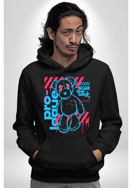 Ayıya Güven Havalı Oyuncak Ayı Kadın Erkek Baskılı Üç Iplik Siyah Kapüşonlu Hodie Sweatshirt fiyatları