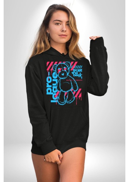 Ayıya Güven Havalı Oyuncak Ayı Kadın Erkek Baskılı Üç Iplik Siyah Kapüşonlu Hodie Sweatshirt fırsatları