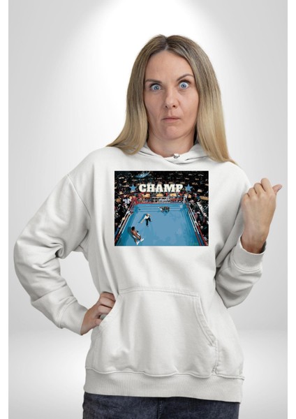 Boks Şampiyonu Muhammed Ali Kadın Erkek Baskılı Üç Iplik Beyaz Kapüşonlu Hodie Sweatshirt