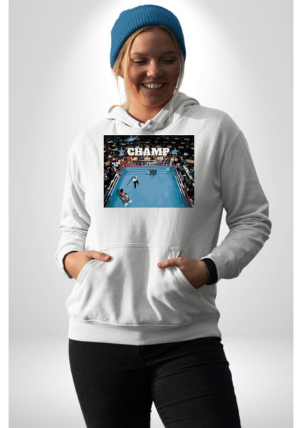 Boks Şampiyonu Muhammed Ali Kadın Erkek Baskılı Üç Iplik Beyaz Kapüşonlu Hodie Sweatshirt modelleri