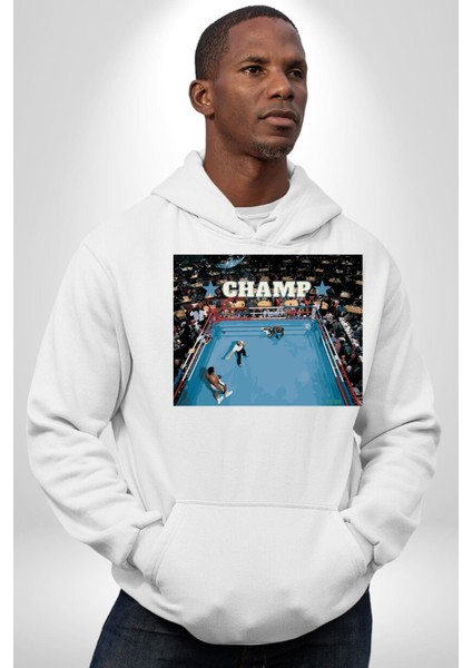 Boks Şampiyonu Muhammed Ali Kadın Erkek Baskılı Üç Iplik Beyaz Kapüşonlu Hodie Sweatshirt fırsatları