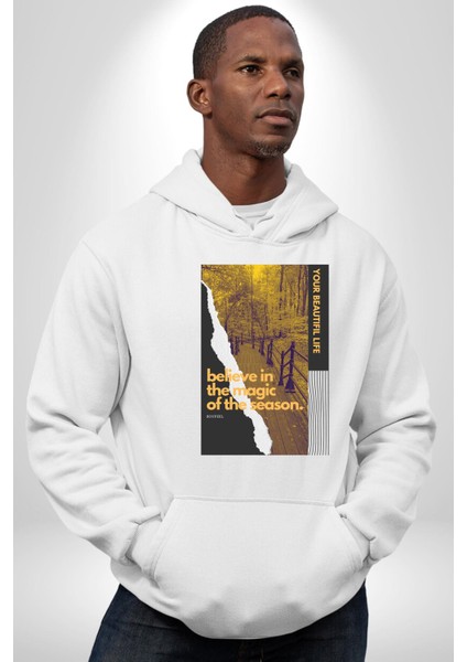 Sezonun Büyüsüne Inanın Kadın Erkek Baskılı Üç Iplik Beyaz Kapüşonlu Hodie Sweatshirt