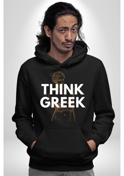 Yunan Gibi Düşün Modern Sanat Kadın Erkek Baskılı Üç Iplik Siyah Kapüşonlu Hodie Sweatshirt