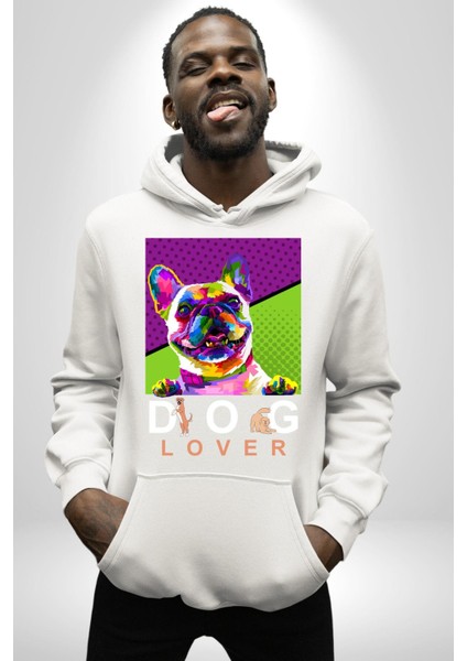 Köpek Aşığı Rengarenk Köpek Kadın Erkek Baskılı Üç Iplik Beyaz Kapüşonlu Hodie Sweatshirt